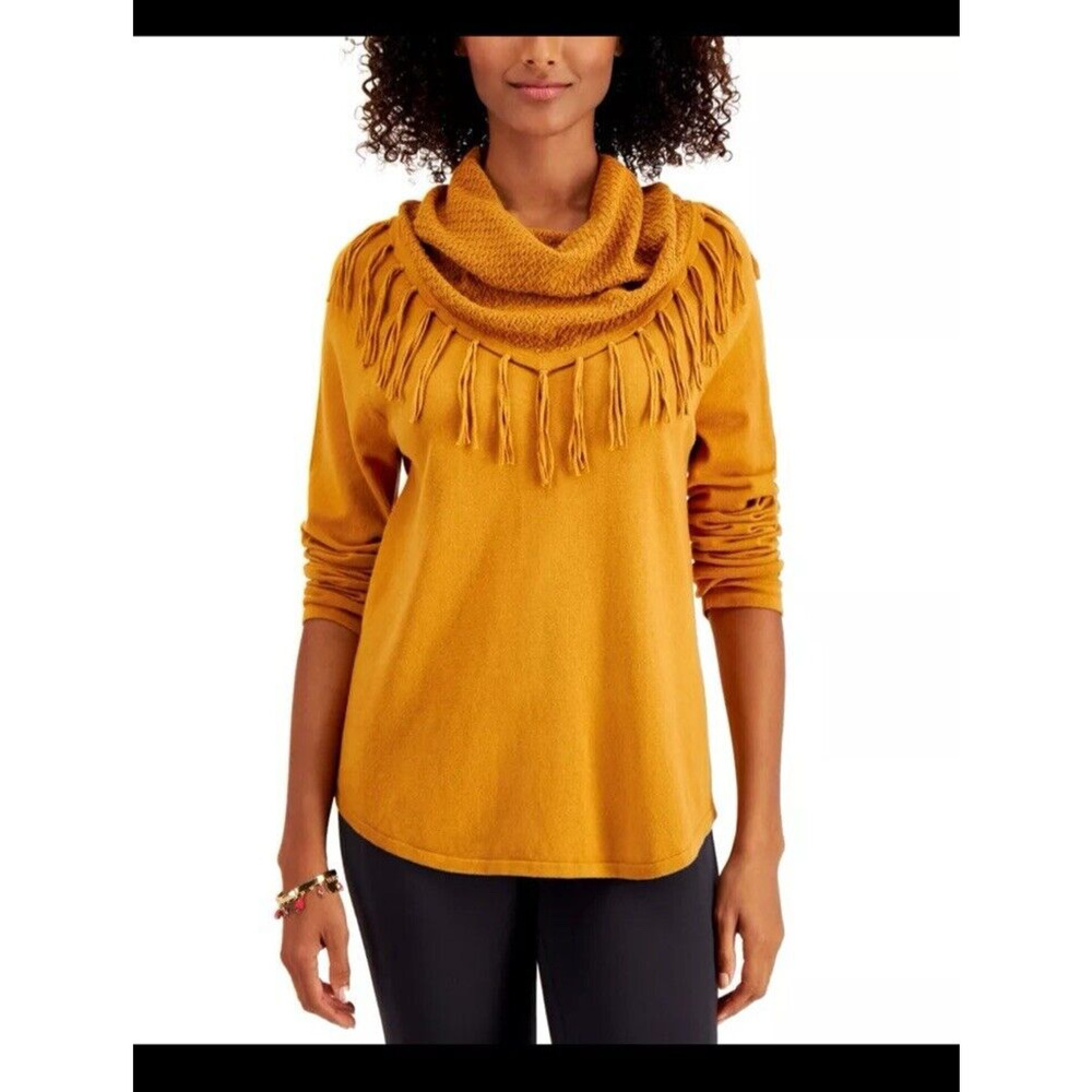 Style & Co Women's Size L Fringe Cowl-Neck Pullover Tan Warm Knit Sweater Top